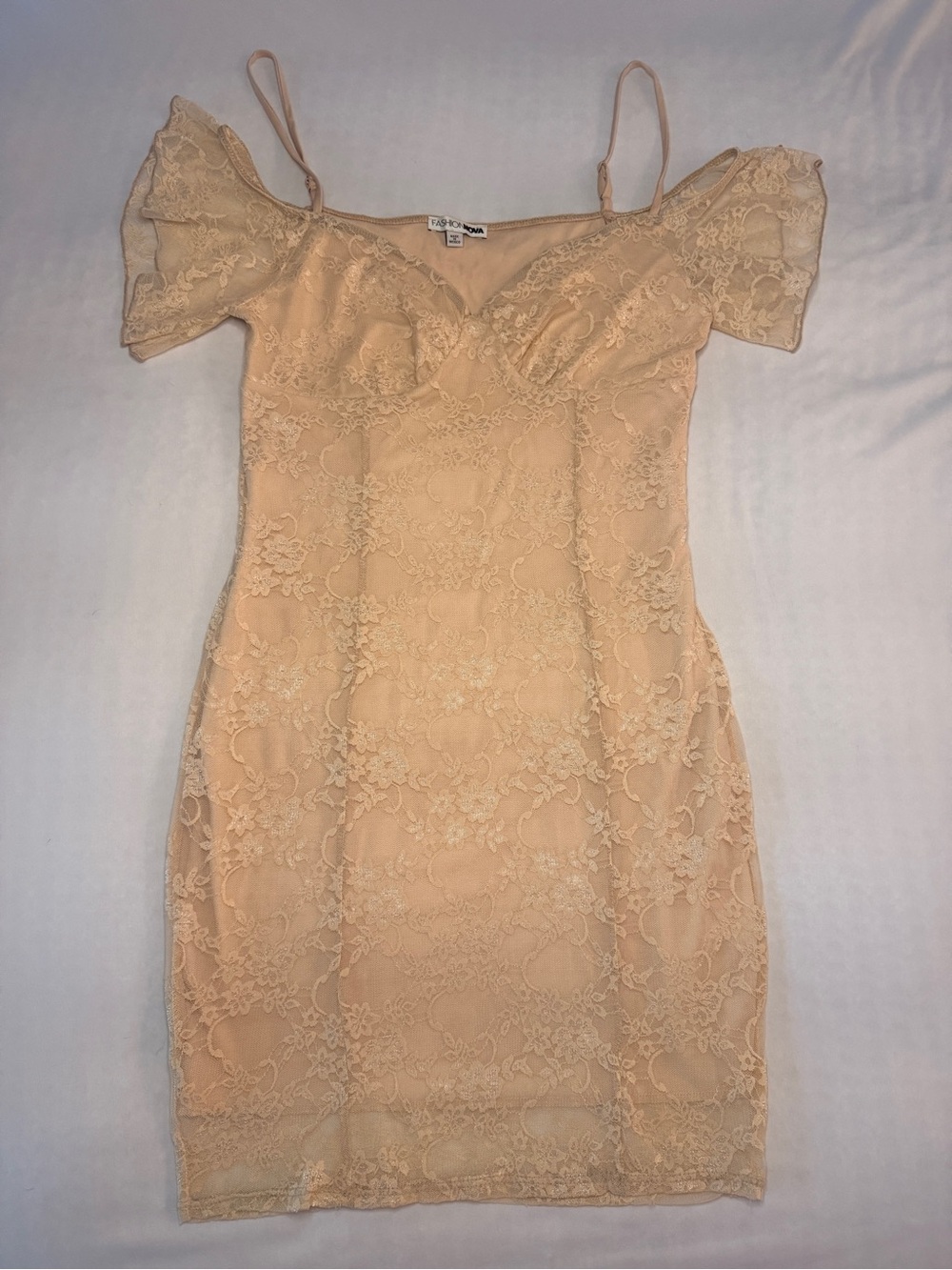 Fashion Nova One-Shoulder Lace Bodycon Dress - Beige